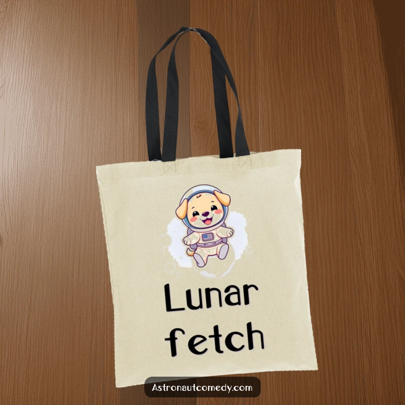Funny puppy astronaut in a spacesuit bouncing happily on the moon, carrying essentials in this roomy tote.